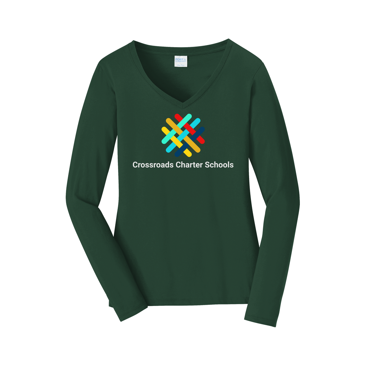 crossroadsschoolskc-womens-long-sleeve-v-neck-dtf-front-LPC450VLS-forestgreen-flat-front