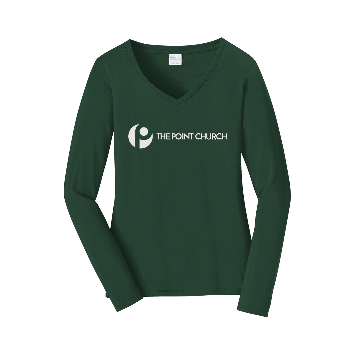 thepointva-womens-long-sleeve-v-neck-dtf-front-LPC450VLS-forestgreen-flat-front