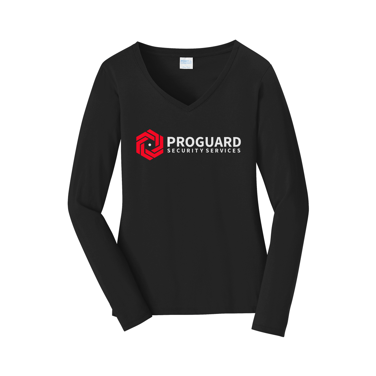proguardsecurityservices-womens-long-sleeve-v-neck-dtf-front-LPC450VLS-jetblack-flat-front