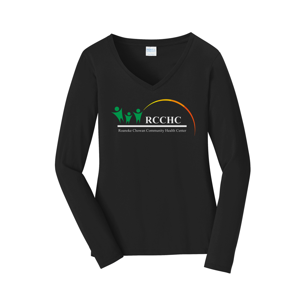 rcchc-womens-long-sleeve-v-neck-dtf-front-LPC450VLS-jetblack-flat-front