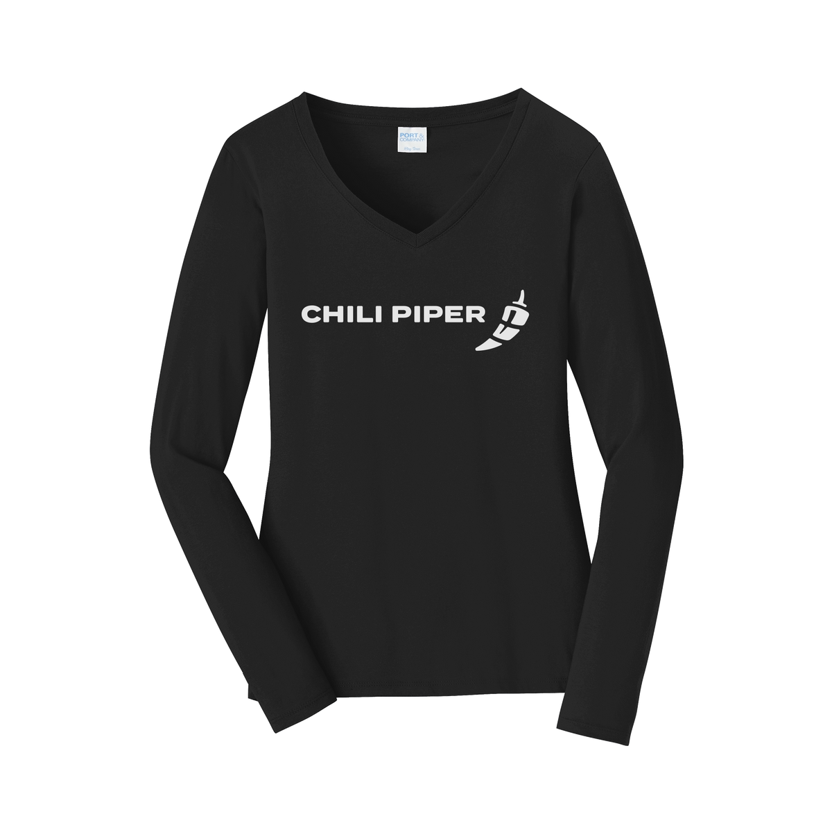chilipiper-womens-long-sleeve-v-neck-dtf-front-LPC450VLS-jetblack-flat-front