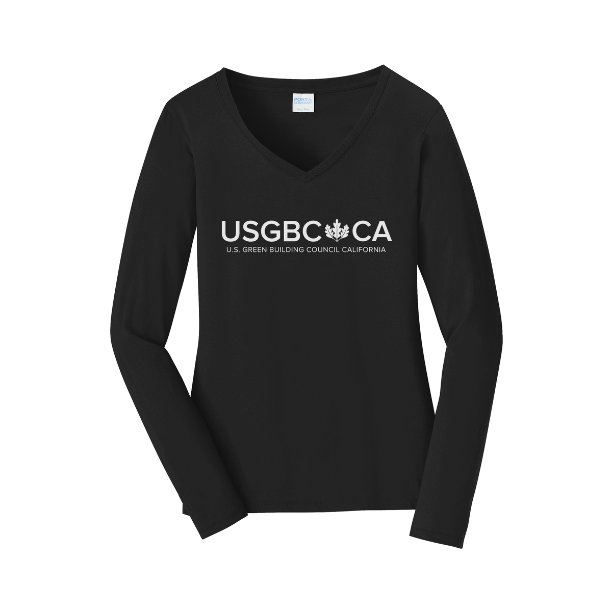 usgbc-ca-womens-long-sleeve-v-neck-dtf-front-LPC450VLS-jetblack-flat-front
