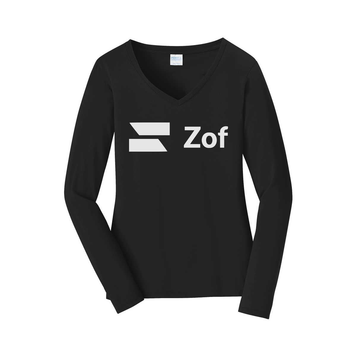 zof-womens-long-sleeve-v-neck-dtf-front-LPC450VLS-jetblack-flat-front