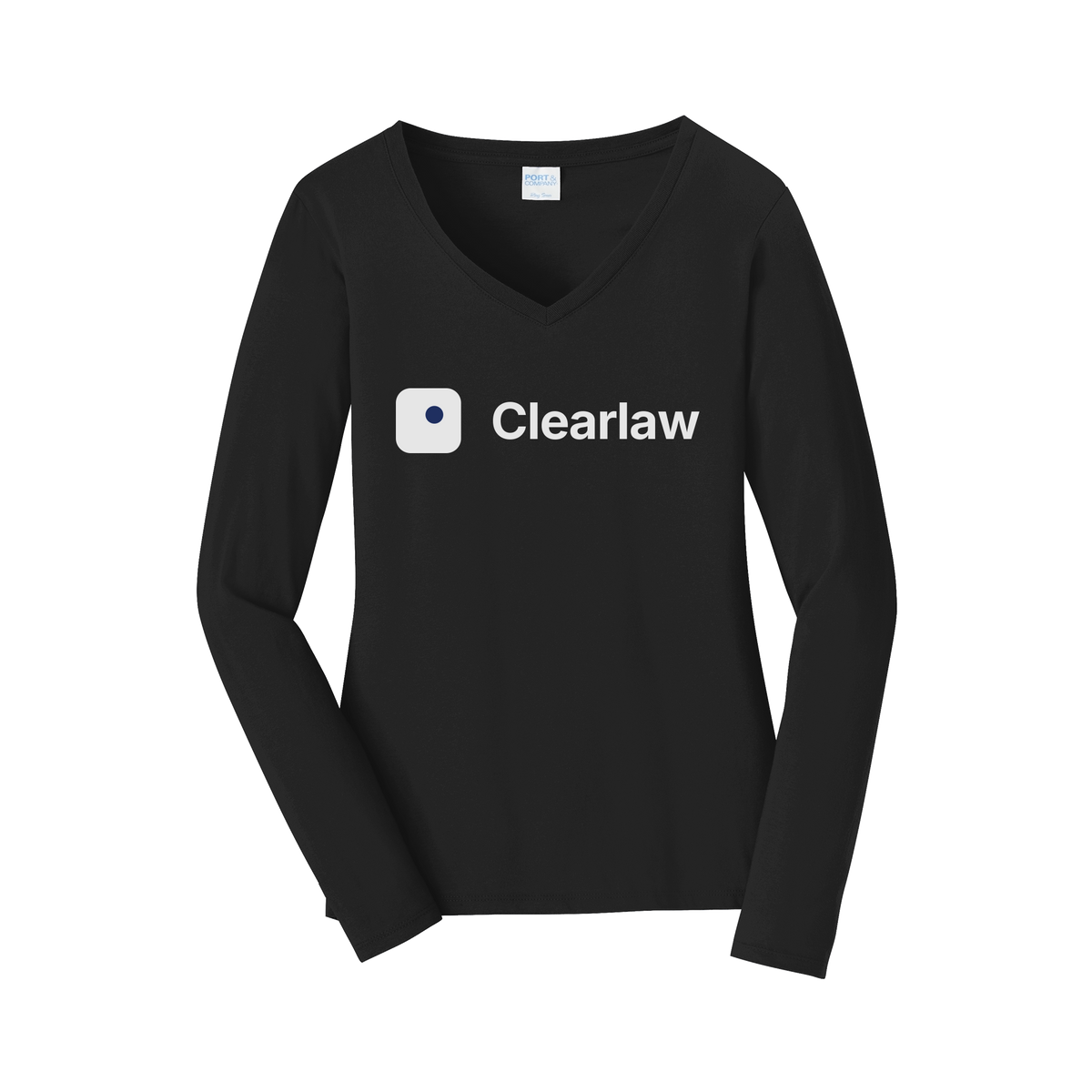 clearlaw-womens-long-sleeve-v-neck-dtf-front-LPC450VLS-jetblack-flat-front