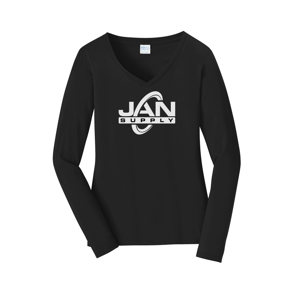 jan-pro-womens-long-sleeve-v-neck-dtf-front-LPC450VLS-jetblack-flat-front