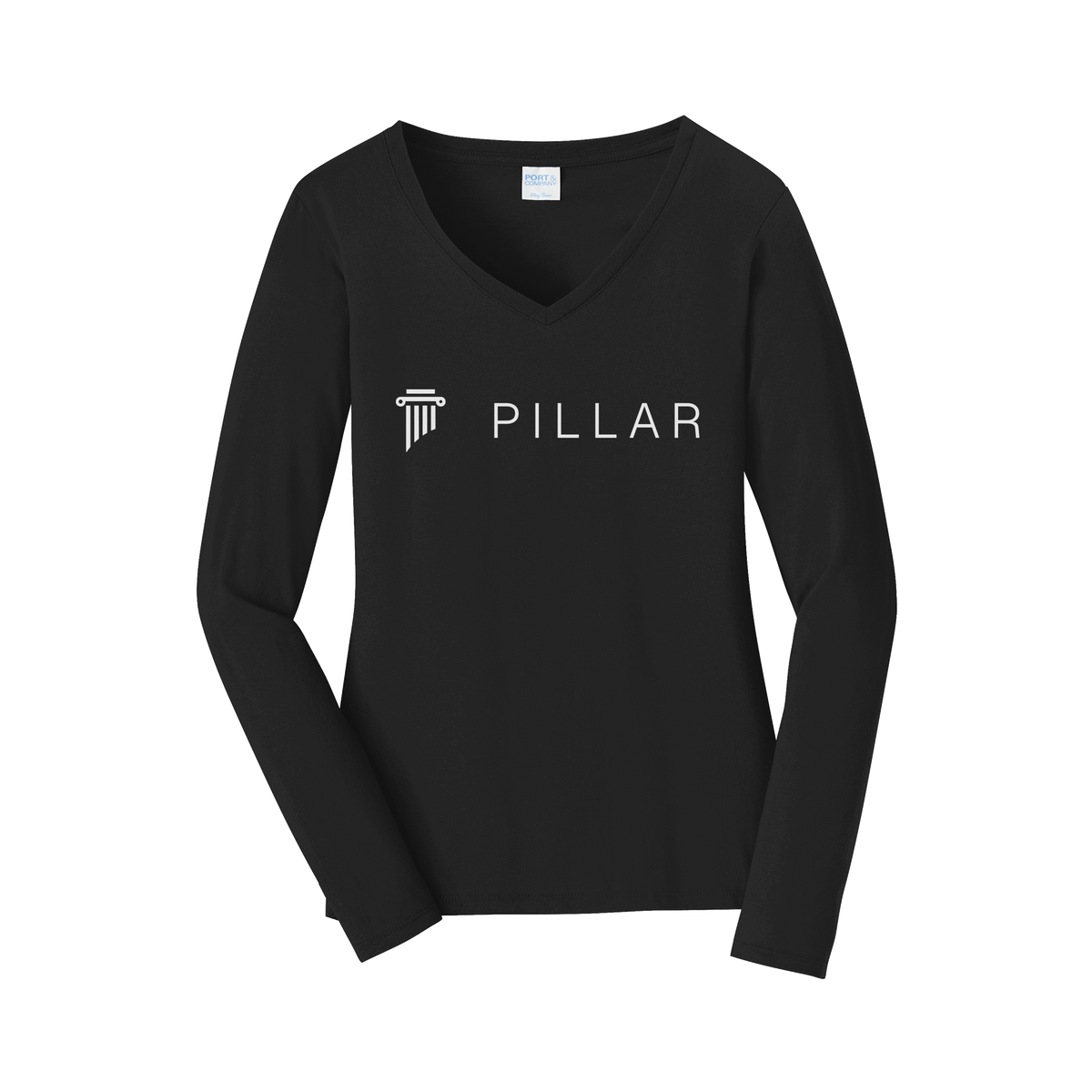 pillar-womens-long-sleeve-v-neck-dtf-front-LPC450VLS-jetblack-flat-front