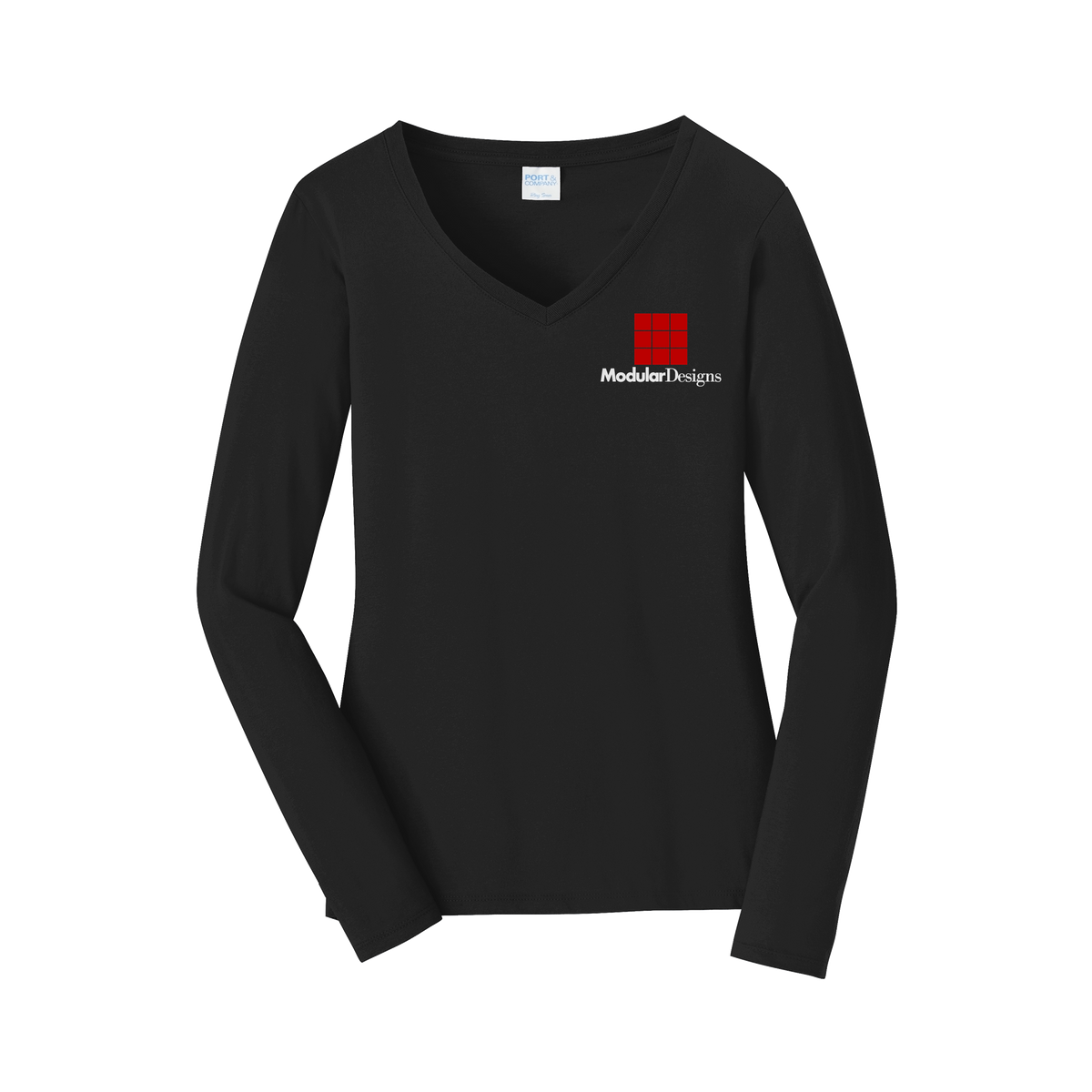 modulardesignsflooring-womens-long-sleeve-v-neck-dtf-leftchest-LPC450VLS-jetblack-flat-front