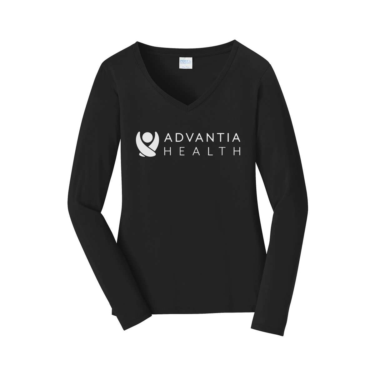 advantiahealth-womens-long-sleeve-v-neck-dtf-front-LPC450VLS-jetblack-flat-front