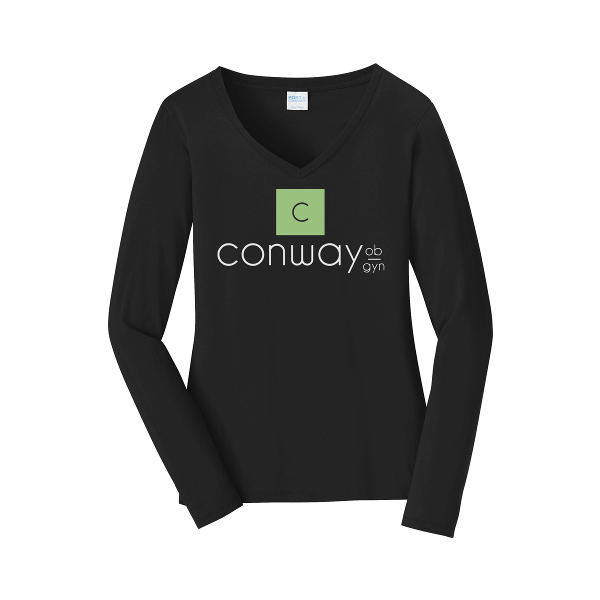 conwayobgyn-womens-long-sleeve-v-neck-dtf-front-LPC450VLS-jetblack-flat-front