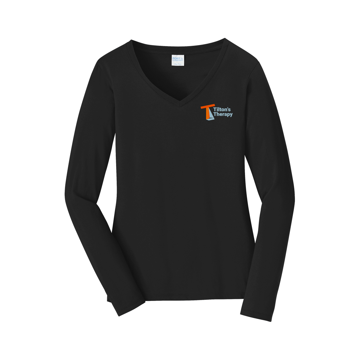 tiltonstherapy-womens-long-sleeve-v-neck-dtf-leftchest-LPC450VLS-jetblack-flat-front