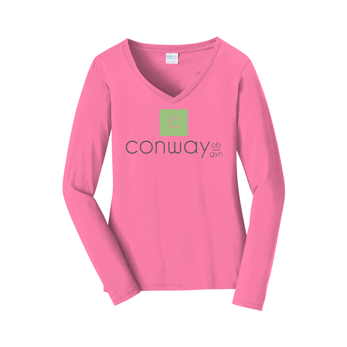 conwayobgyn-womens-long-sleeve-v-neck-dtf-front-LPC450VLS-newpink-flat-front