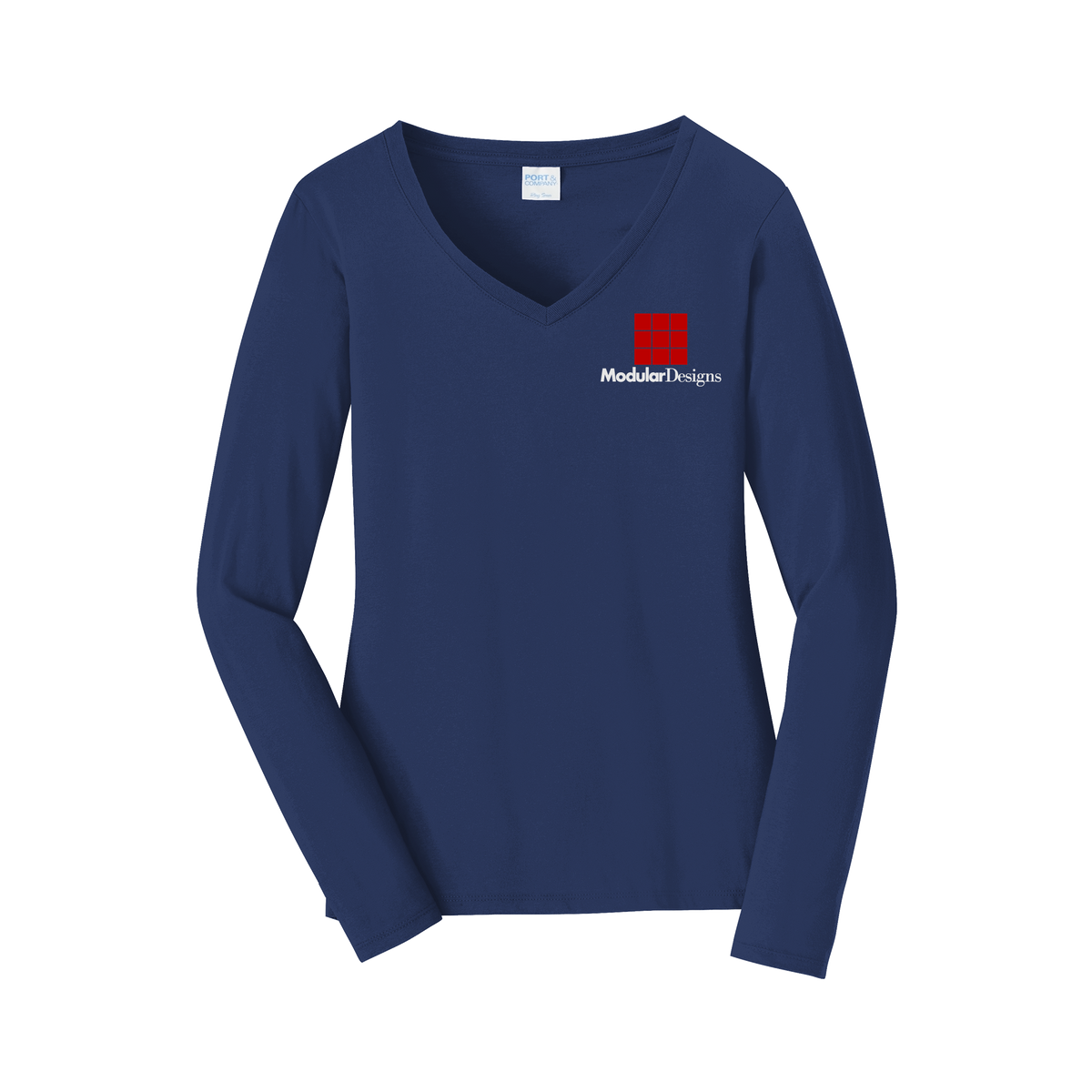 modulardesignsflooring-womens-long-sleeve-v-neck-dtf-leftchest-LPC450VLS-teamnavy-flat-front