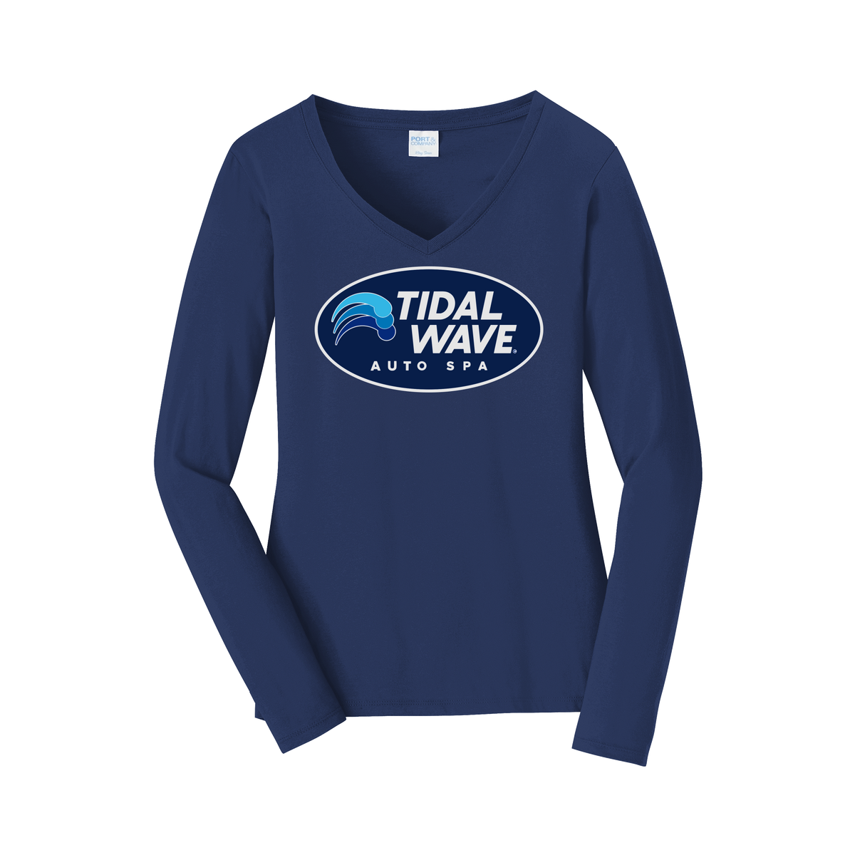 tidalwaveautospa-womens-long-sleeve-v-neck-dtf-front-LPC450VLS-teamnavy-flat-front