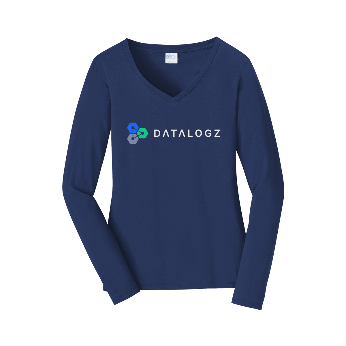 datalogz-womens-long-sleeve-v-neck-dtf-front-LPC450VLS-teamnavy-flat-front