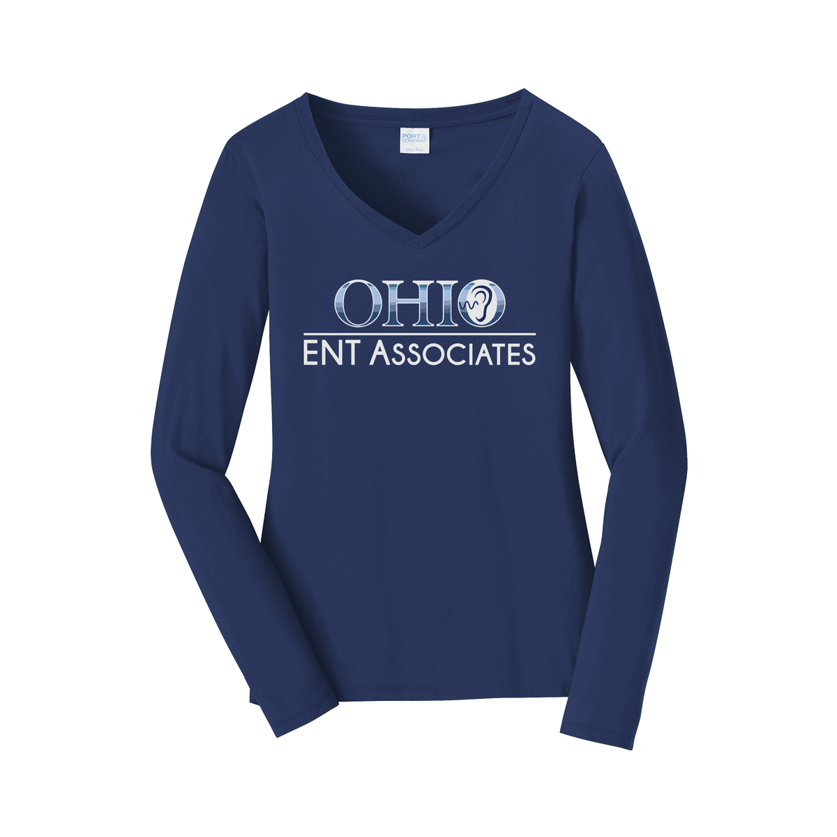 ohioentaudiology-womens-long-sleeve-v-neck-dtf-front-LPC450VLS-teamnavy-flat-front