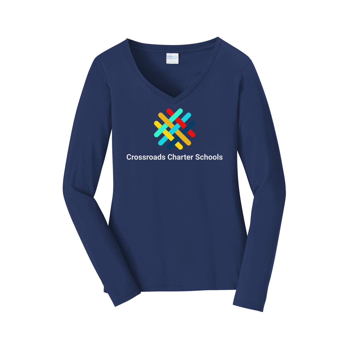 crossroadsschoolskc-womens-long-sleeve-v-neck-dtf-front-LPC450VLS-teamnavy-flat-front