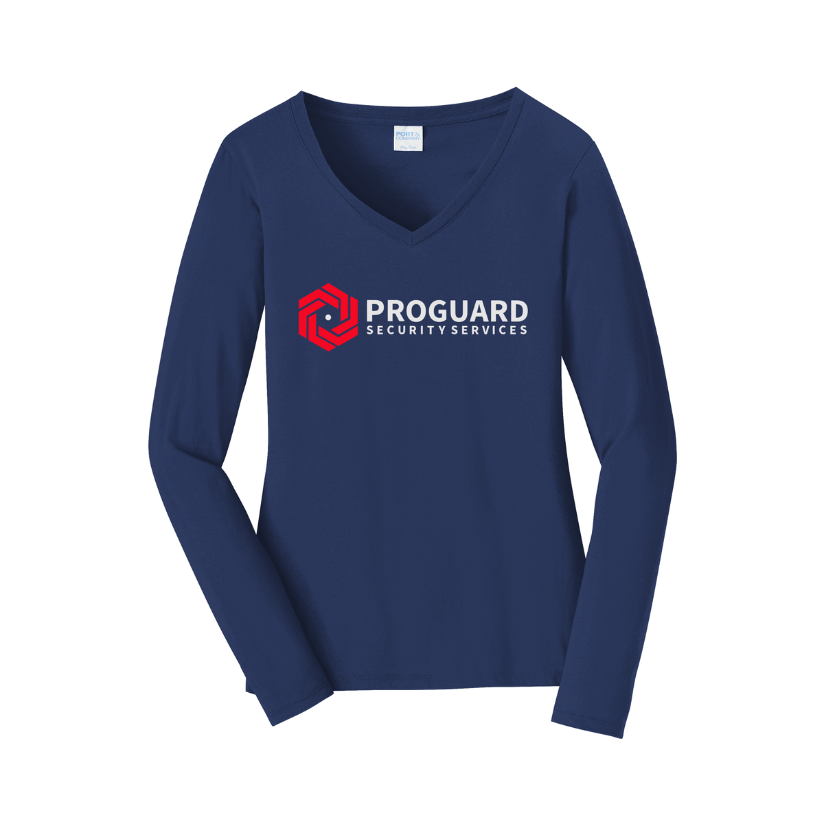 proguardsecurityservices-womens-long-sleeve-v-neck-dtf-front-LPC450VLS-teamnavy-flat-front