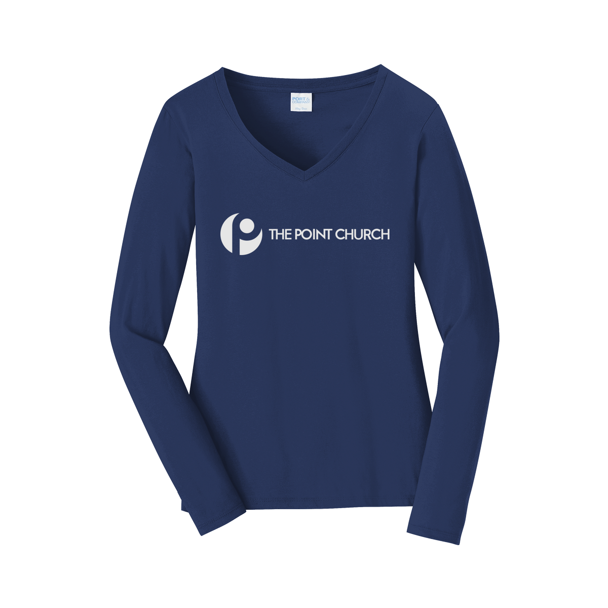 thepointva-womens-long-sleeve-v-neck-dtf-front-LPC450VLS-teamnavy-flat-front