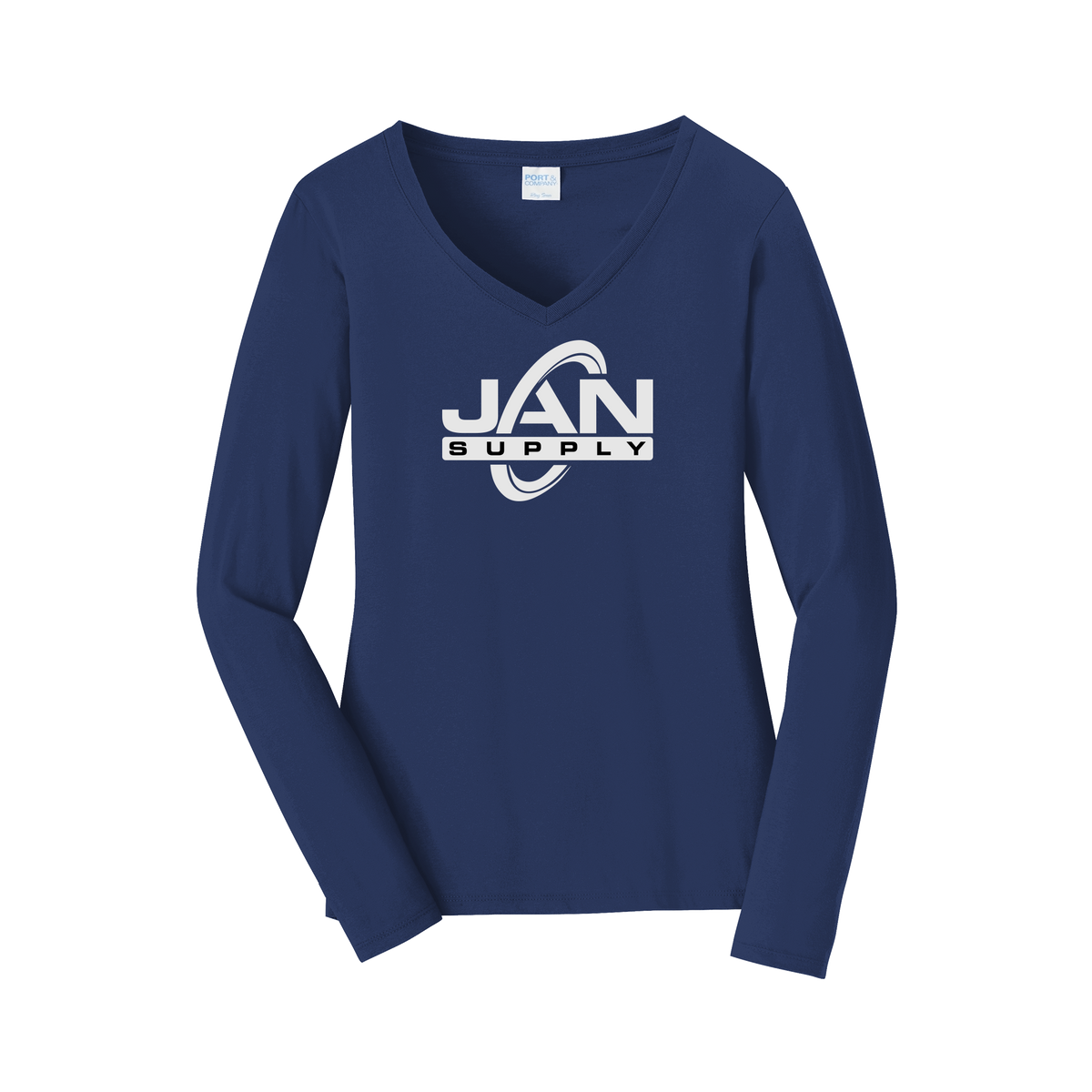 jan-pro-womens-long-sleeve-v-neck-dtf-front-LPC450VLS-teamnavy-flat-front