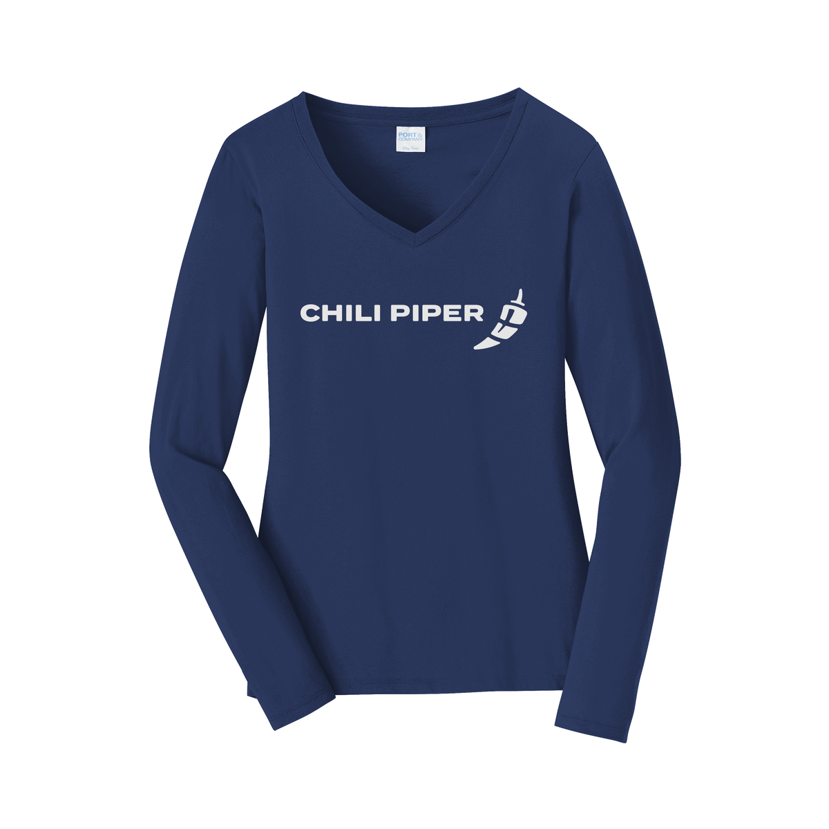 chilipiper-womens-long-sleeve-v-neck-dtf-front-LPC450VLS-teamnavy-flat-front