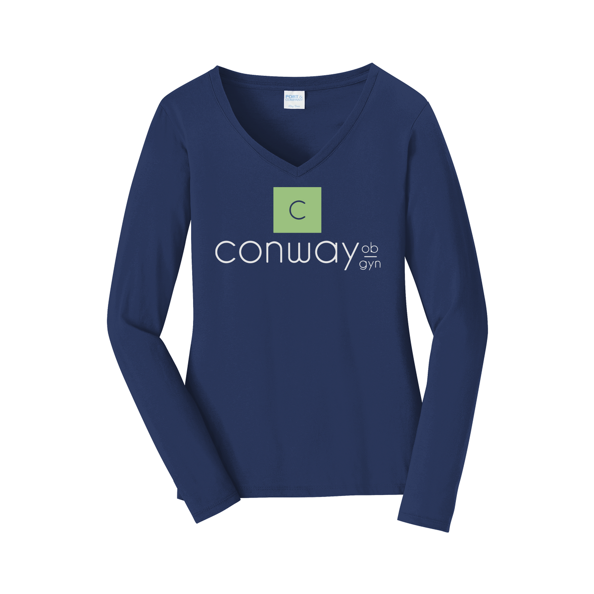 conwayobgyn-womens-long-sleeve-v-neck-dtf-front-LPC450VLS-teamnavy-flat-front