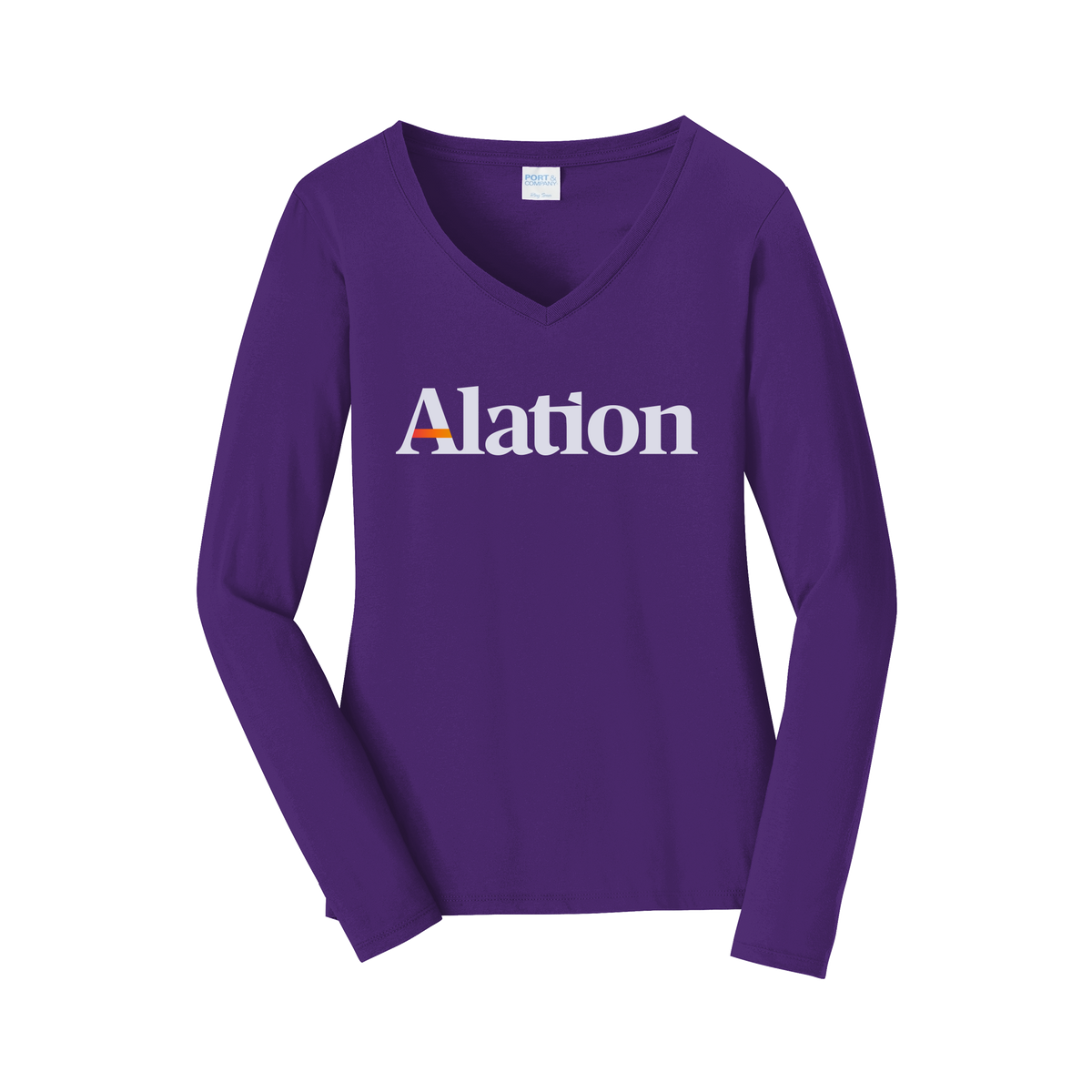 alation-womens-long-sleeve-v-neck-dtf-front-LPC450VLS-teampurple-flat-front
