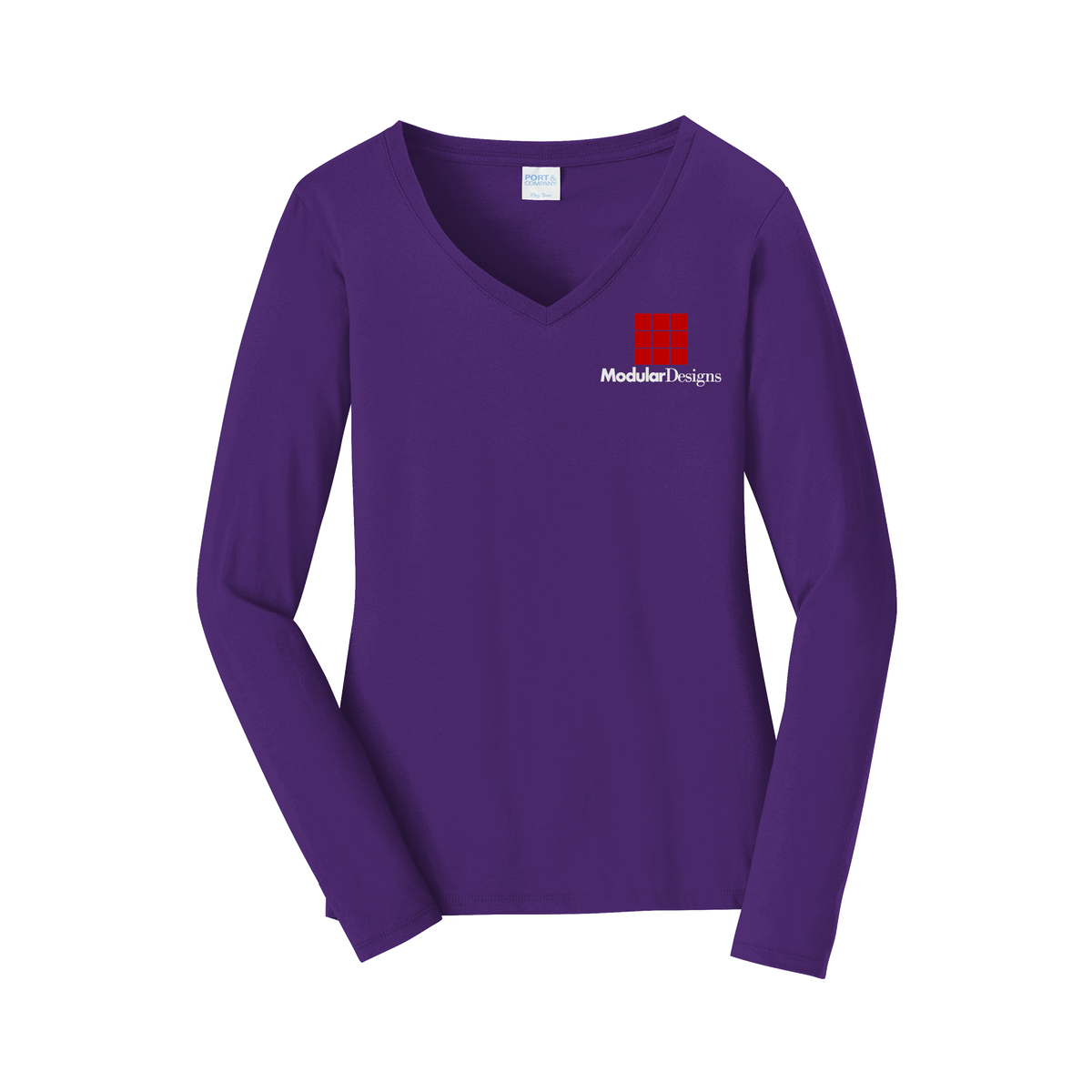 modulardesignsflooring-womens-long-sleeve-v-neck-dtf-leftchest-LPC450VLS-teampurple-flat-front