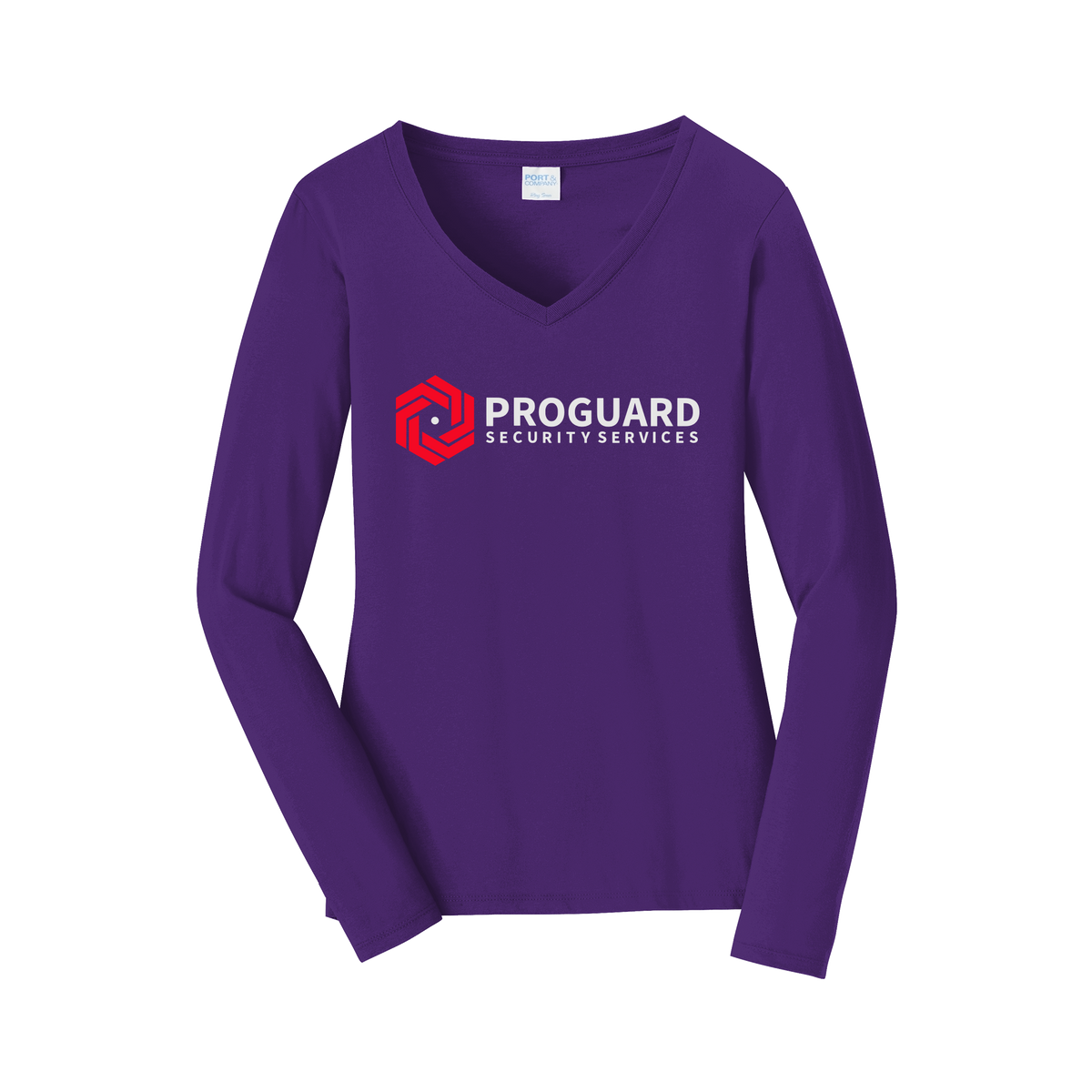 proguardsecurityservices-womens-long-sleeve-v-neck-dtf-front-LPC450VLS-teampurple-flat-front