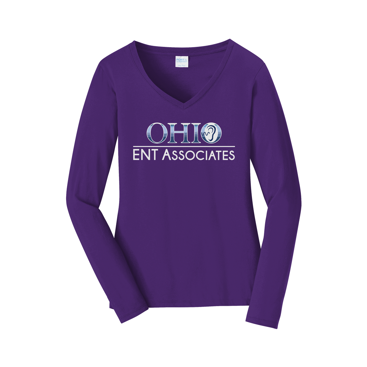 ohioentaudiology-womens-long-sleeve-v-neck-dtf-front-LPC450VLS-teampurple-flat-front