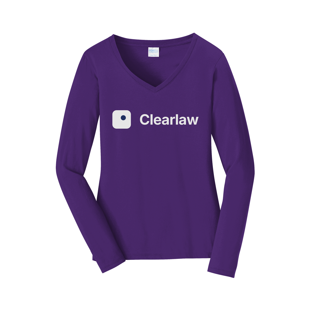 clearlaw-womens-long-sleeve-v-neck-dtf-front-LPC450VLS-teampurple-flat-front