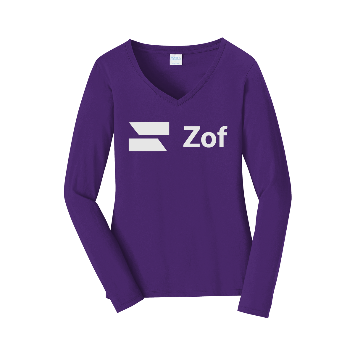 zof-womens-long-sleeve-v-neck-dtf-front-LPC450VLS-teampurple-flat-front