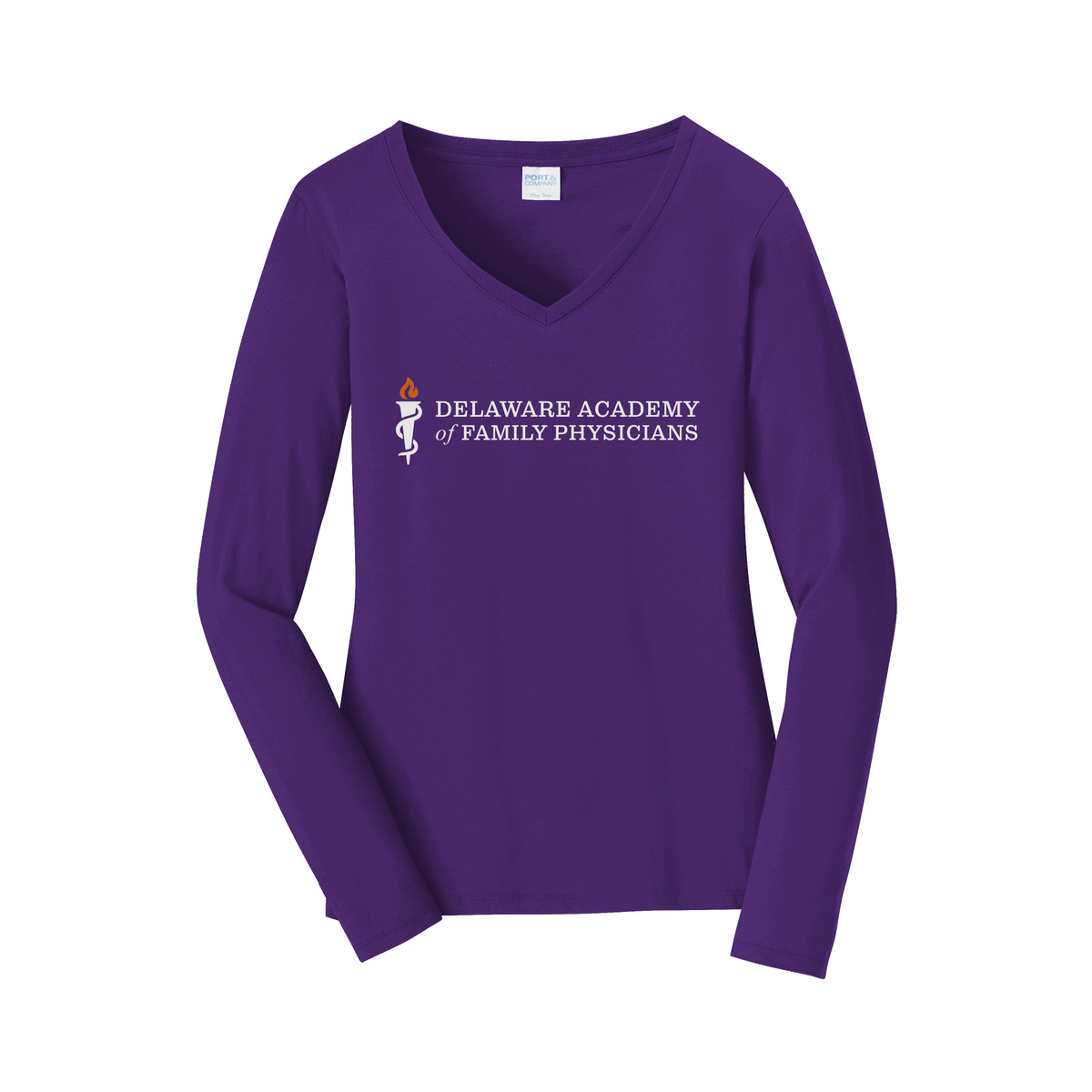 delfamdoc-womens-long-sleeve-v-neck-dtf-front-LPC450VLS-teampurple-flat-front