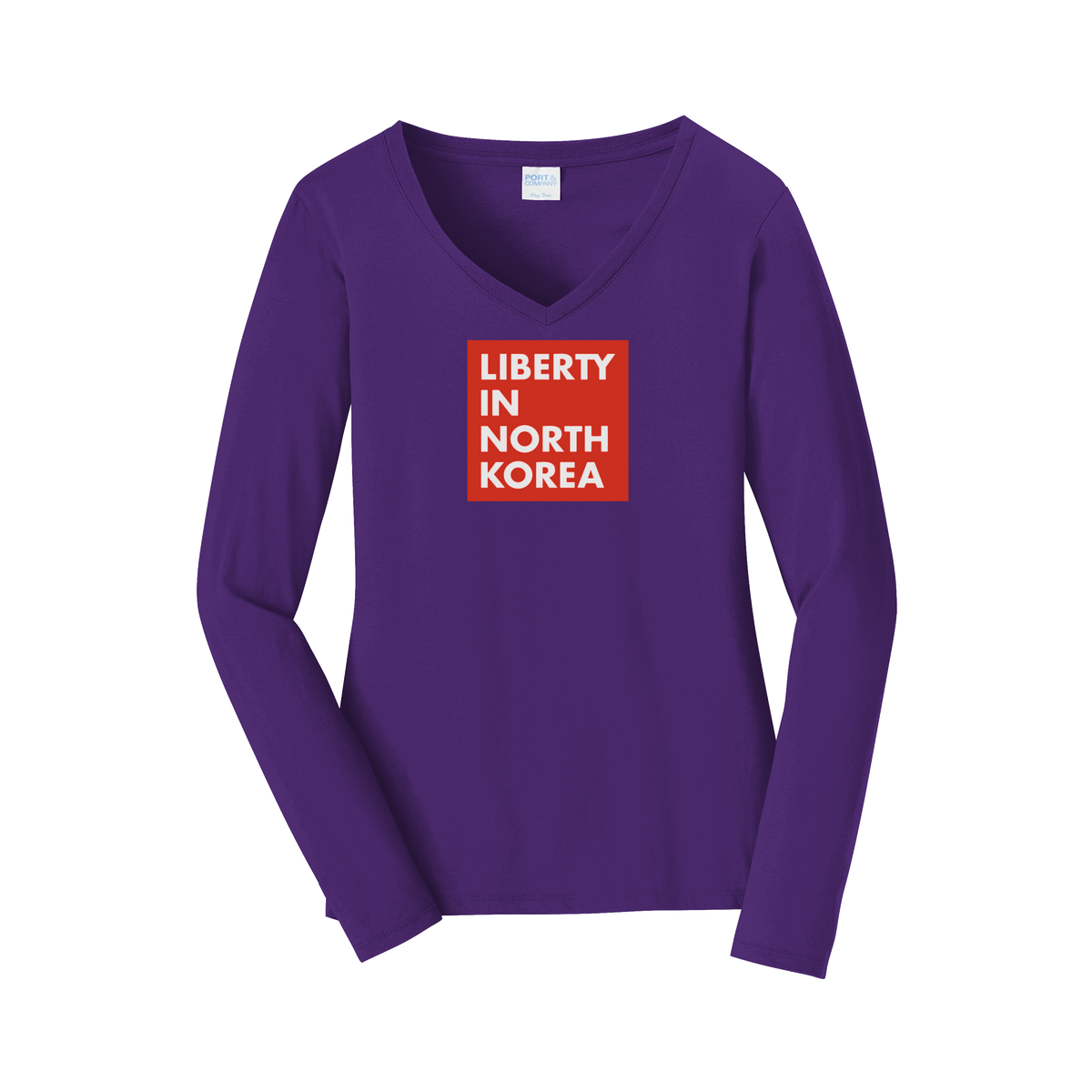 libertyinnorthkorea-womens-long-sleeve-v-neck-dtf-front-LPC450VLS-teampurple-flat-front