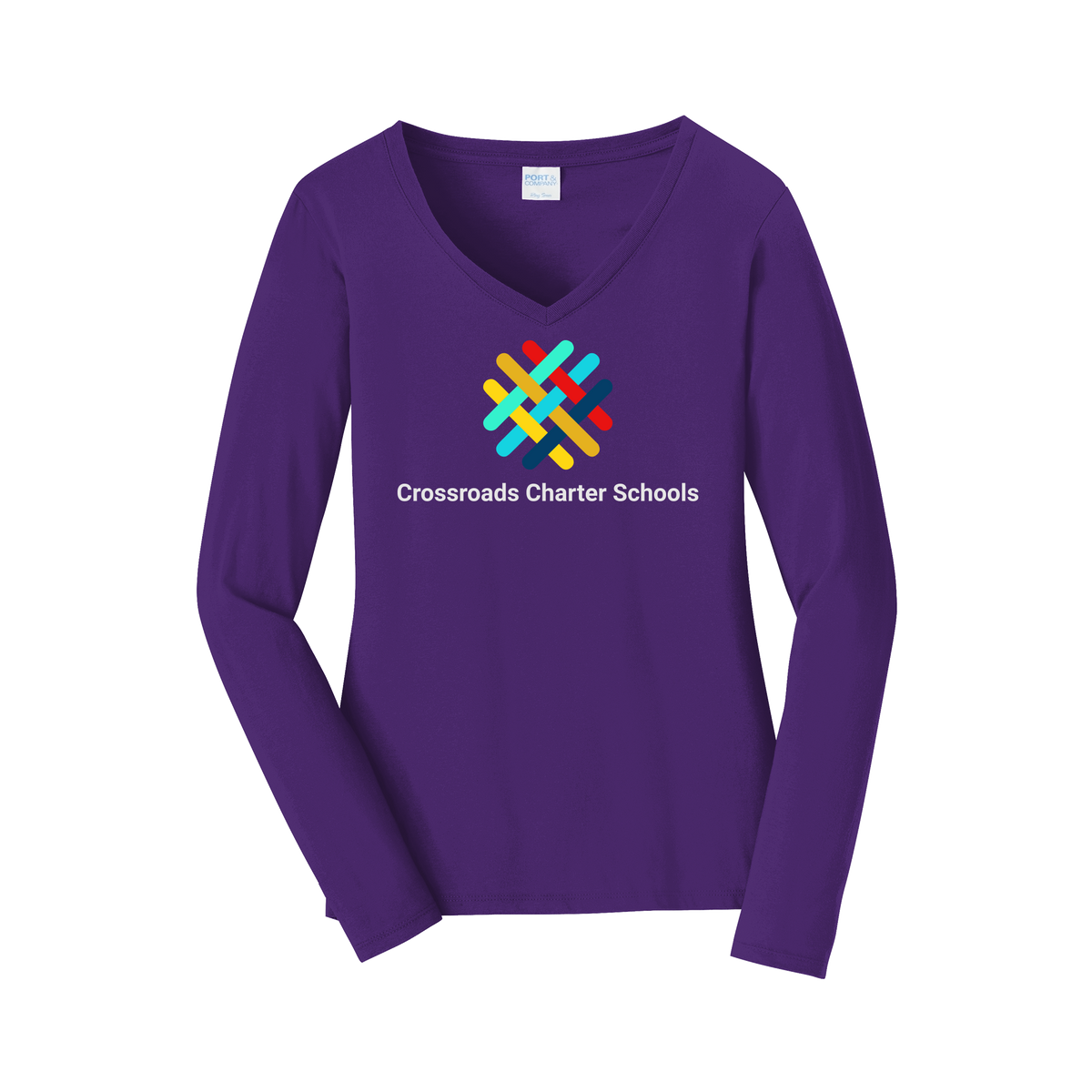 crossroadsschoolskc-womens-long-sleeve-v-neck-dtf-front-LPC450VLS-teampurple-flat-front