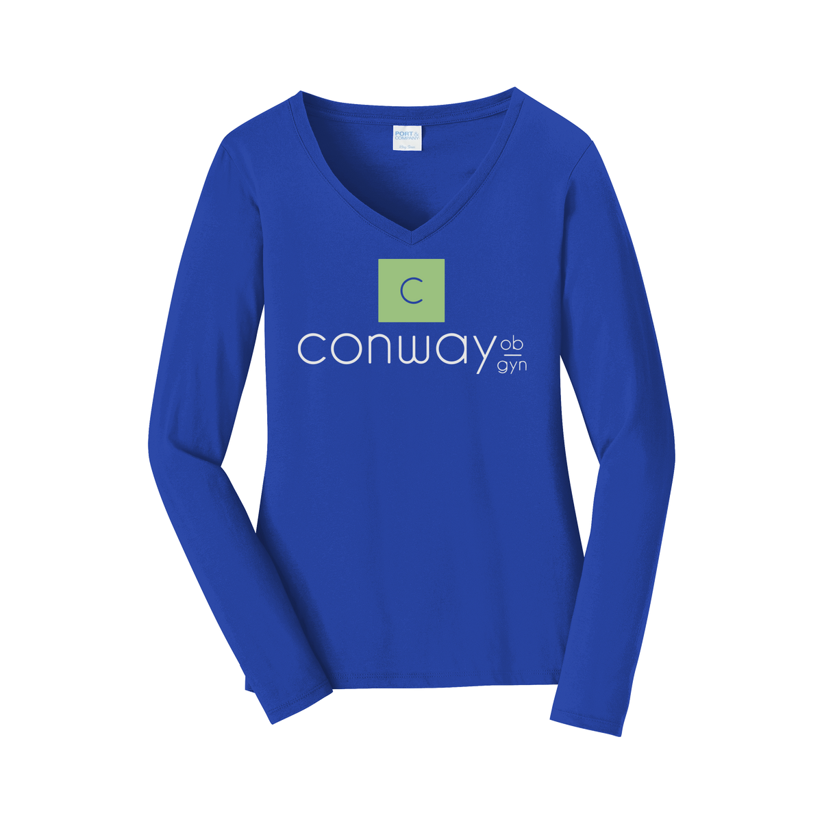 conwayobgyn-womens-long-sleeve-v-neck-dtf-front-LPC450VLS-trueroyal-flat-front