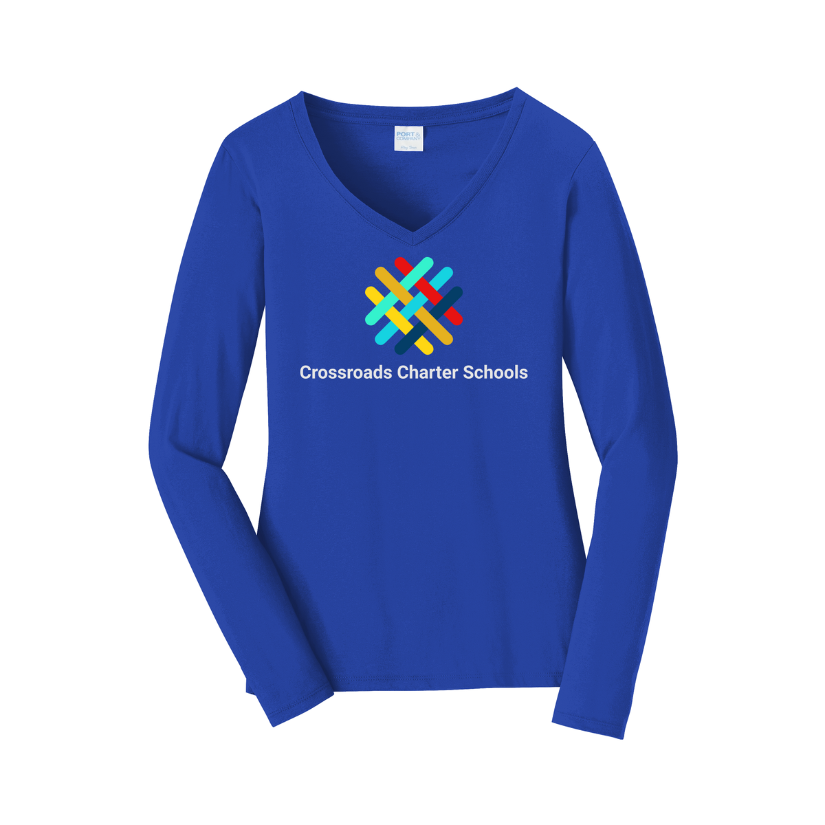 crossroadsschoolskc-womens-long-sleeve-v-neck-dtf-front-LPC450VLS-trueroyal-flat-front
