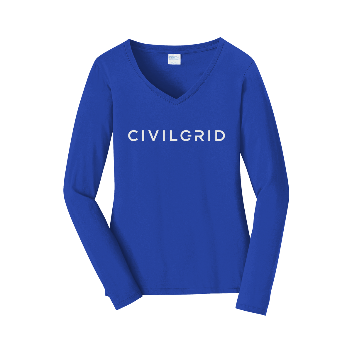 civilgrid-womens-long-sleeve-v-neck-dtf-front-LPC450VLS-trueroyal-flat-front