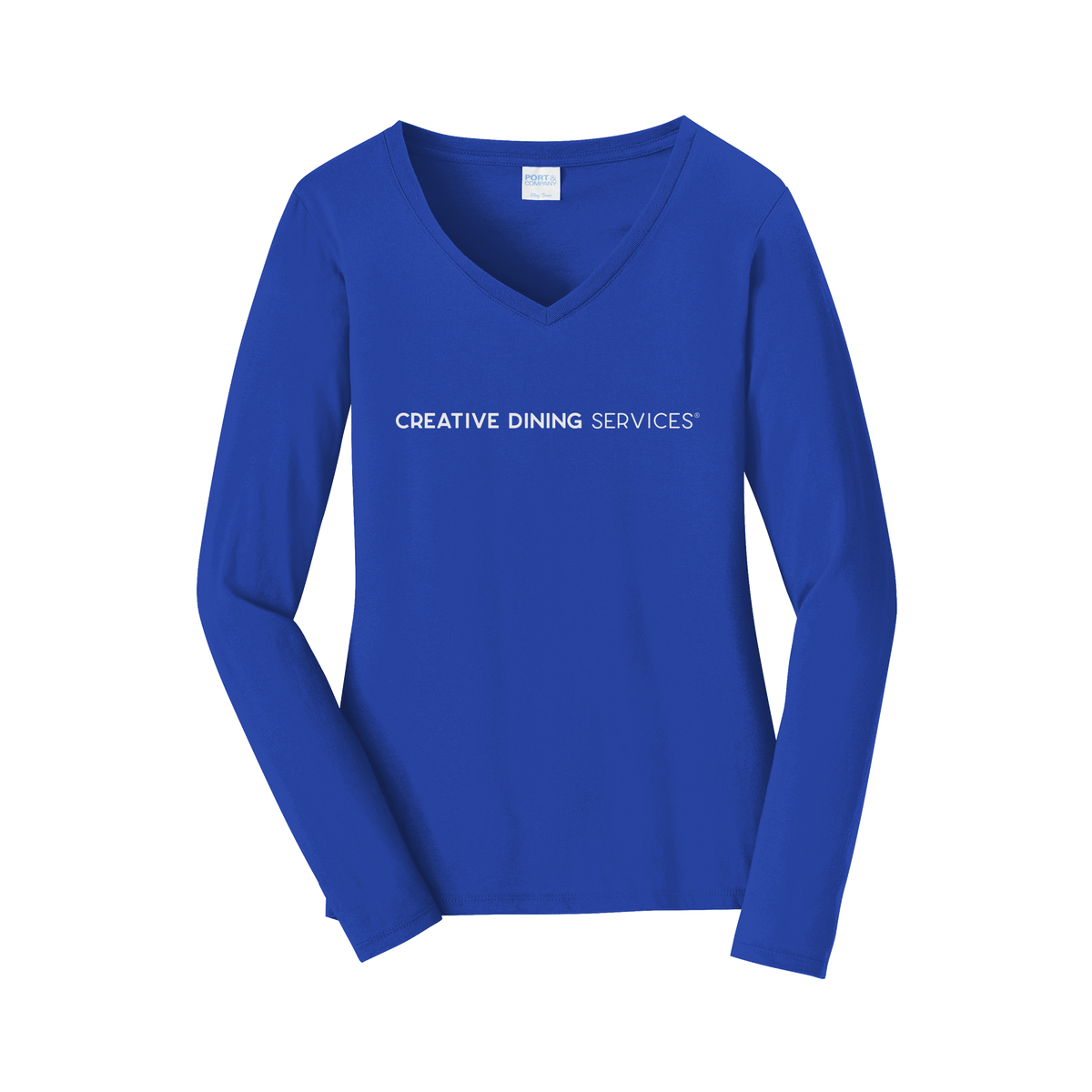 creativedining-womens-long-sleeve-v-neck-dtf-front-LPC450VLS-trueroyal-flat-front