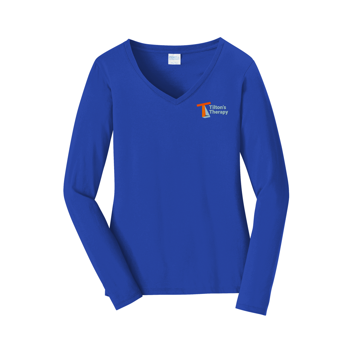 tiltonstherapy-womens-long-sleeve-v-neck-dtf-leftchest-LPC450VLS-trueroyal-flat-front