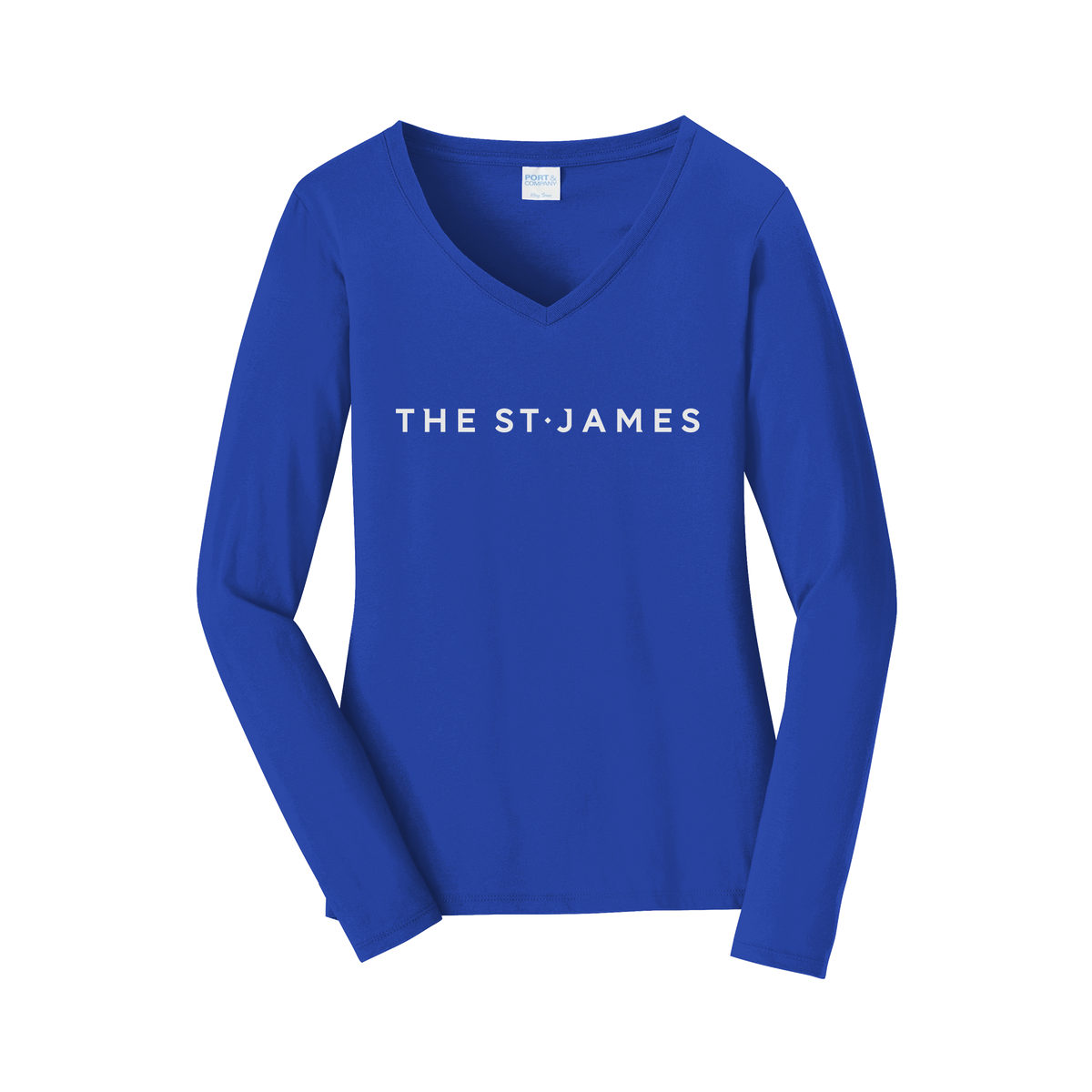 thestjames-womens-long-sleeve-v-neck-dtf-front-LPC450VLS-trueroyal-flat-front