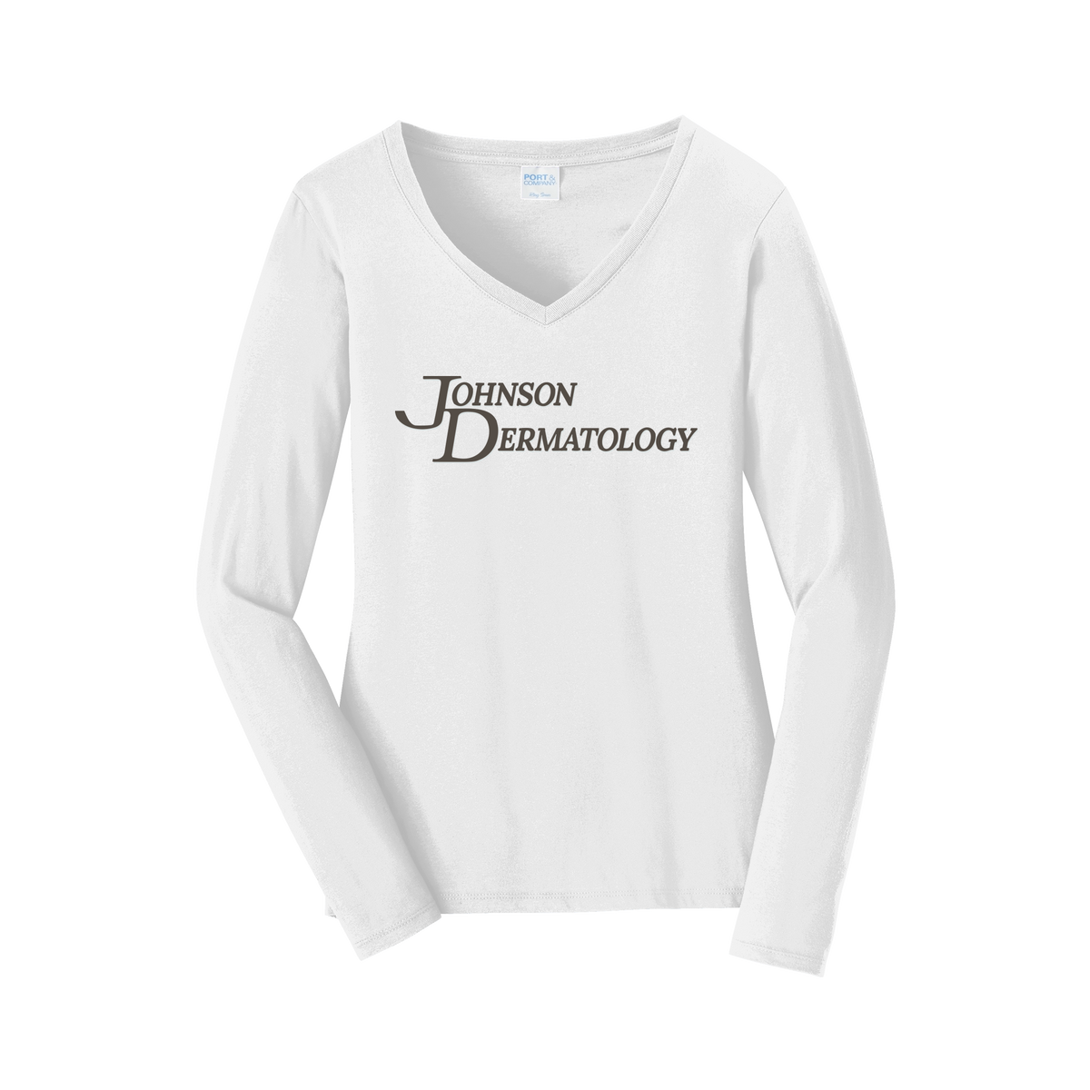 johnsondermatology-womens-long-sleeve-v-neck-dtf-front-LPC450VLS-white-flat-front