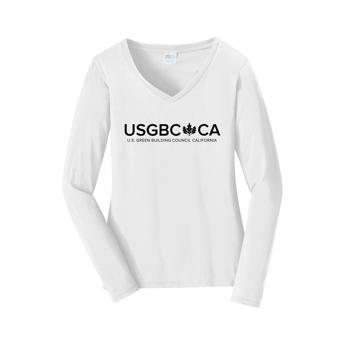 usgbc-ca-womens-long-sleeve-v-neck-dtf-front-LPC450VLS-white-flat-front