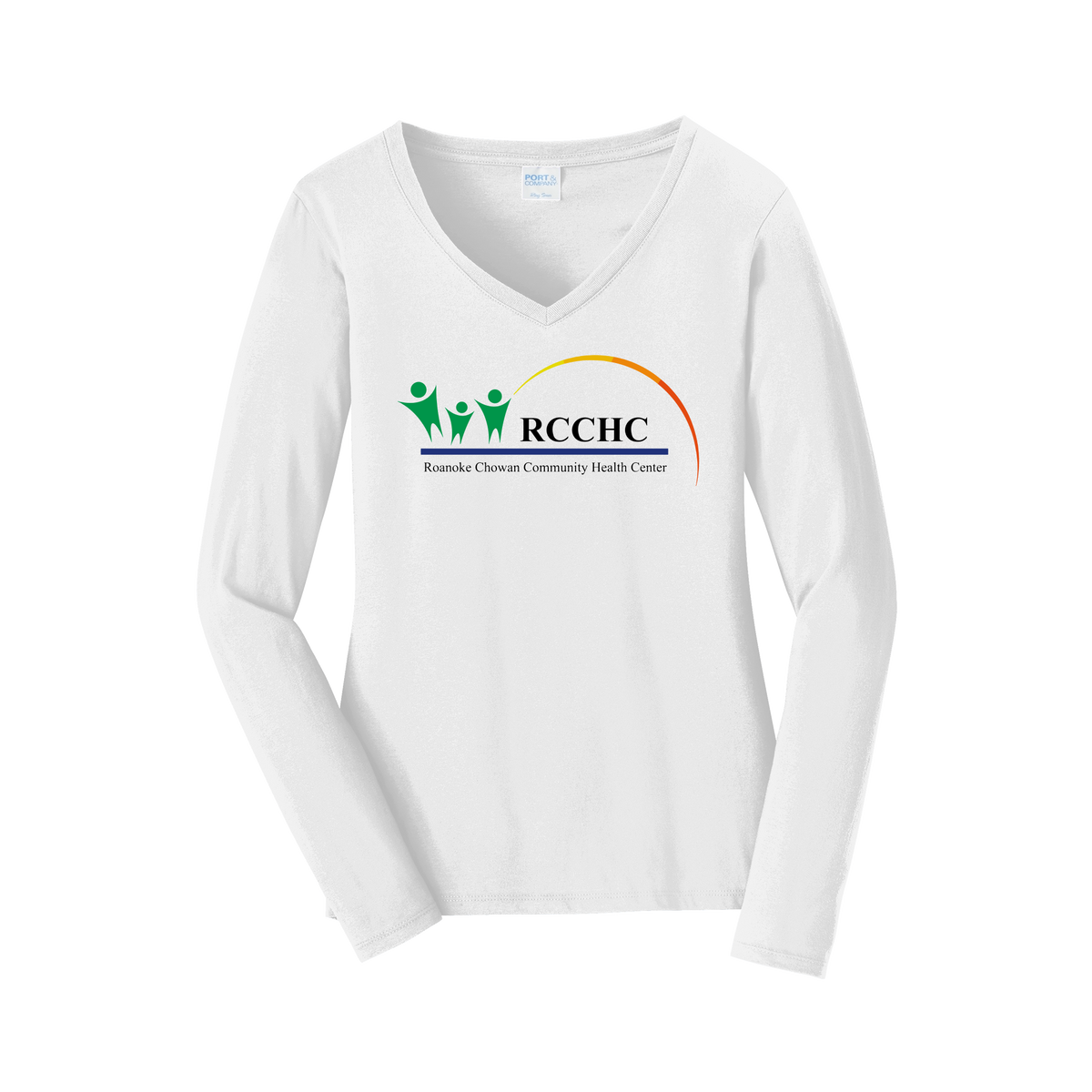 rcchc-womens-long-sleeve-v-neck-dtf-front-LPC450VLS-white-flat-front