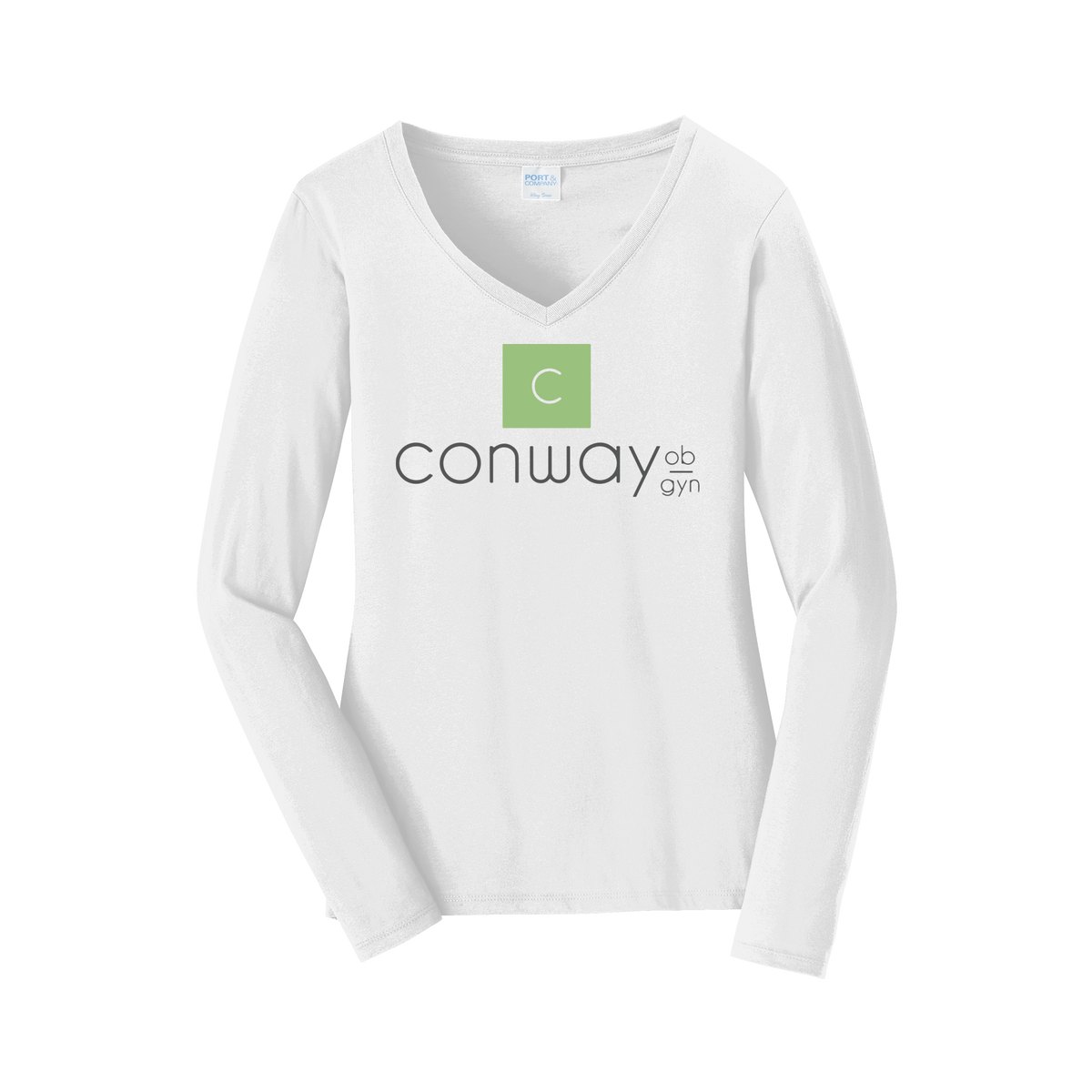 conwayobgyn-womens-long-sleeve-v-neck-dtf-front-LPC450VLS-white-flat-front