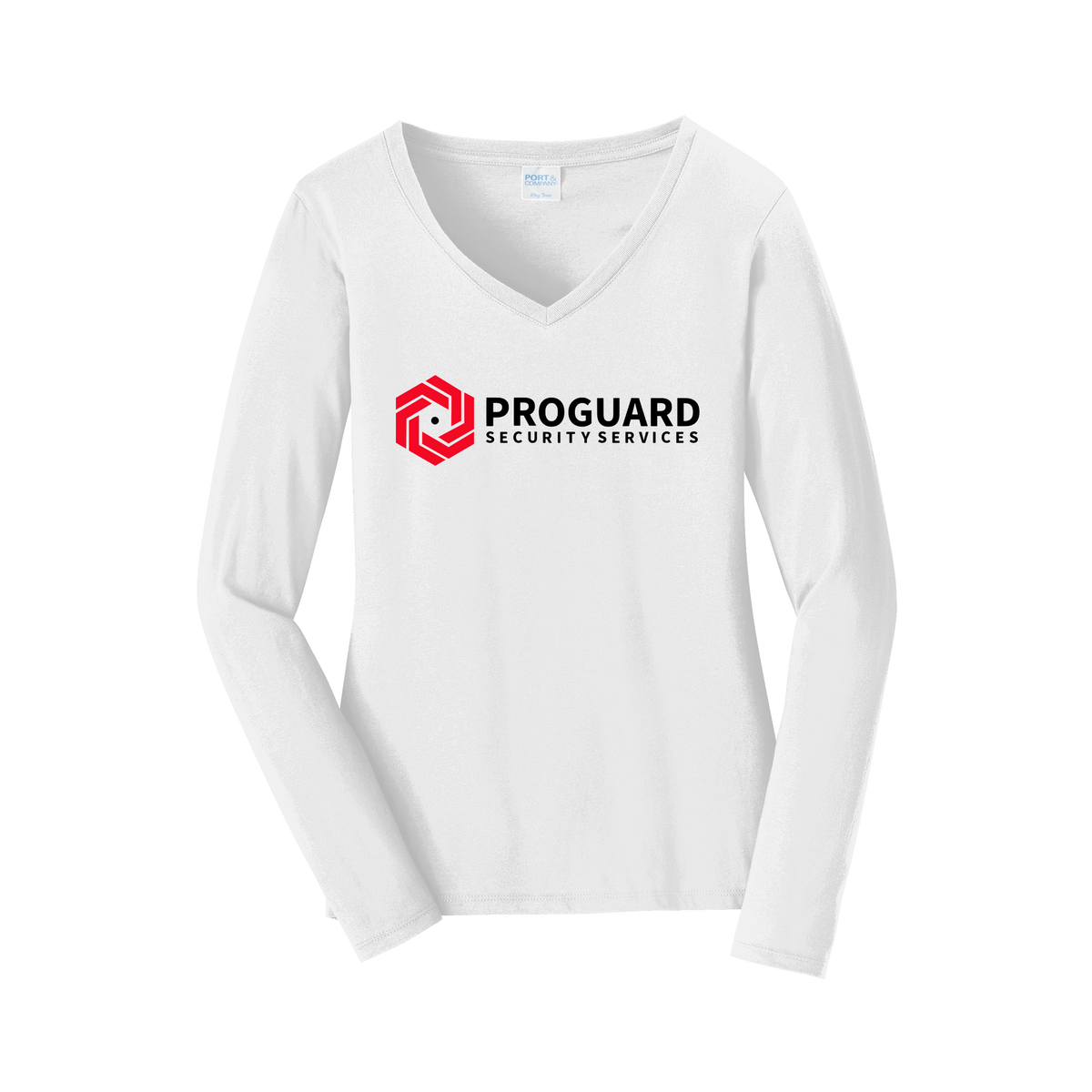 proguardsecurityservices-womens-long-sleeve-v-neck-dtf-front-LPC450VLS-white-flat-front