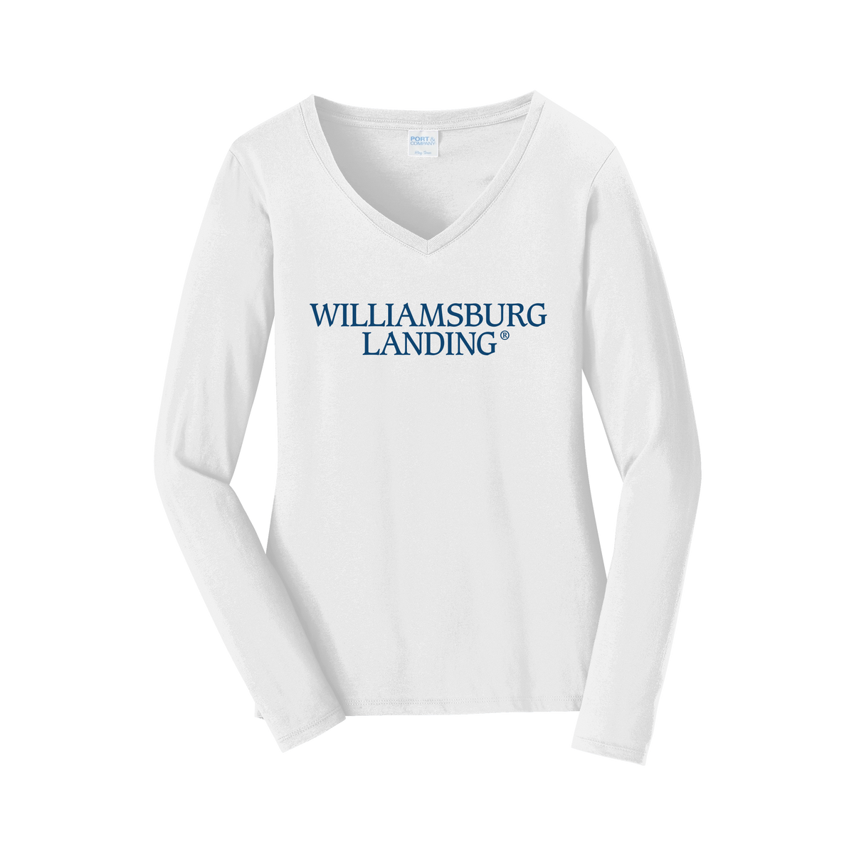 williamsburglanding-womens-long-sleeve-v-neck-dtf-front-LPC450VLS-white-flat-front