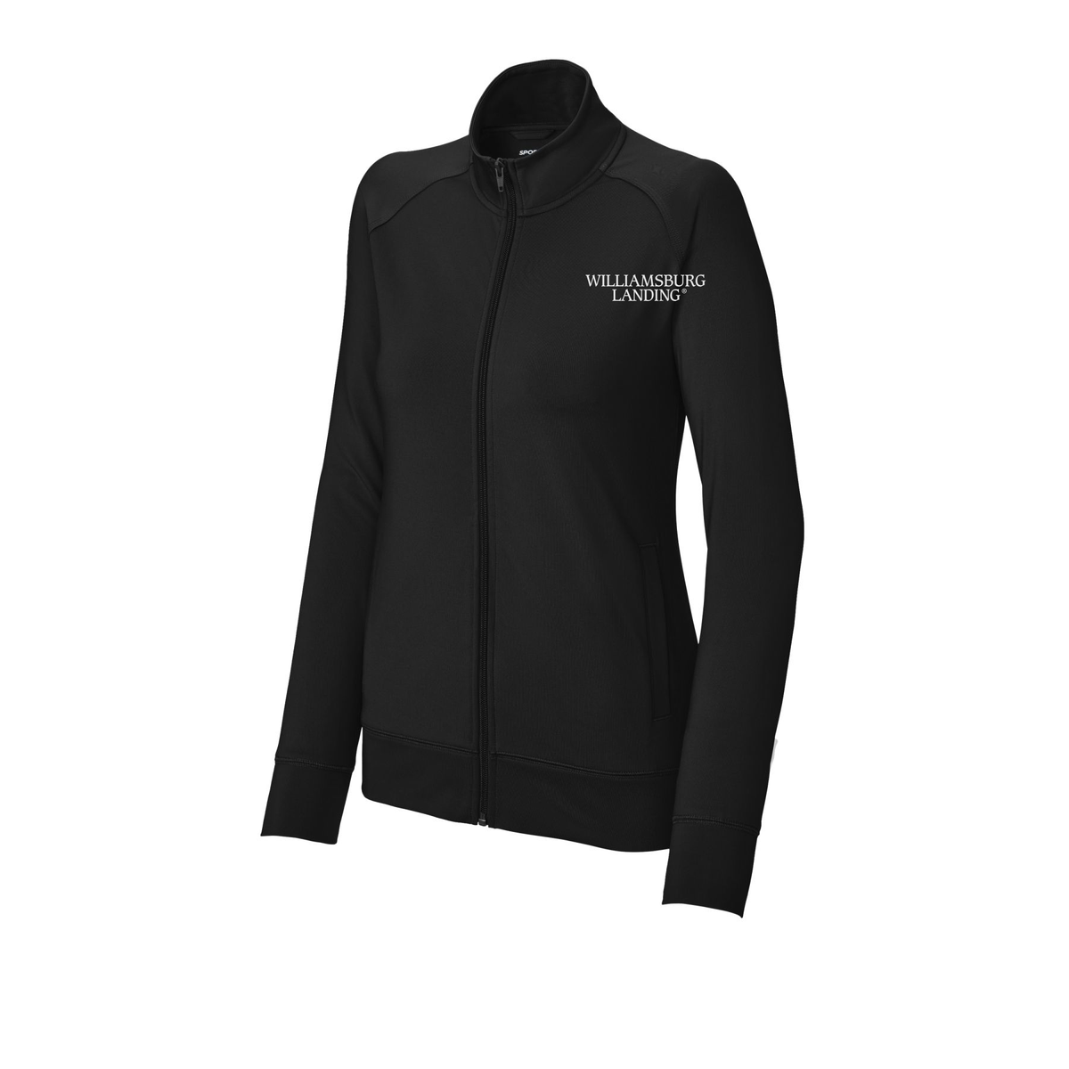 williamsburglanding-sport-tek-womens-cadet-jacket-embroidery-leftchest-LST857-black-flat-front