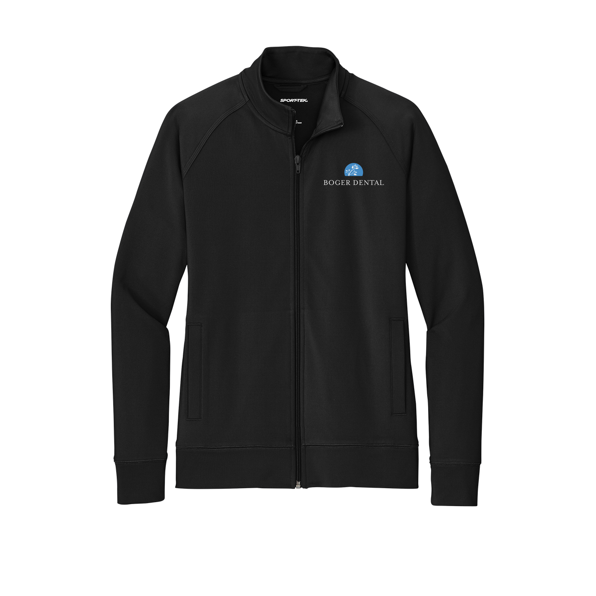 boger-dental-sport-tek-womens-cadet-jacket-embroidery-leftchest-LST857-black-flat-front