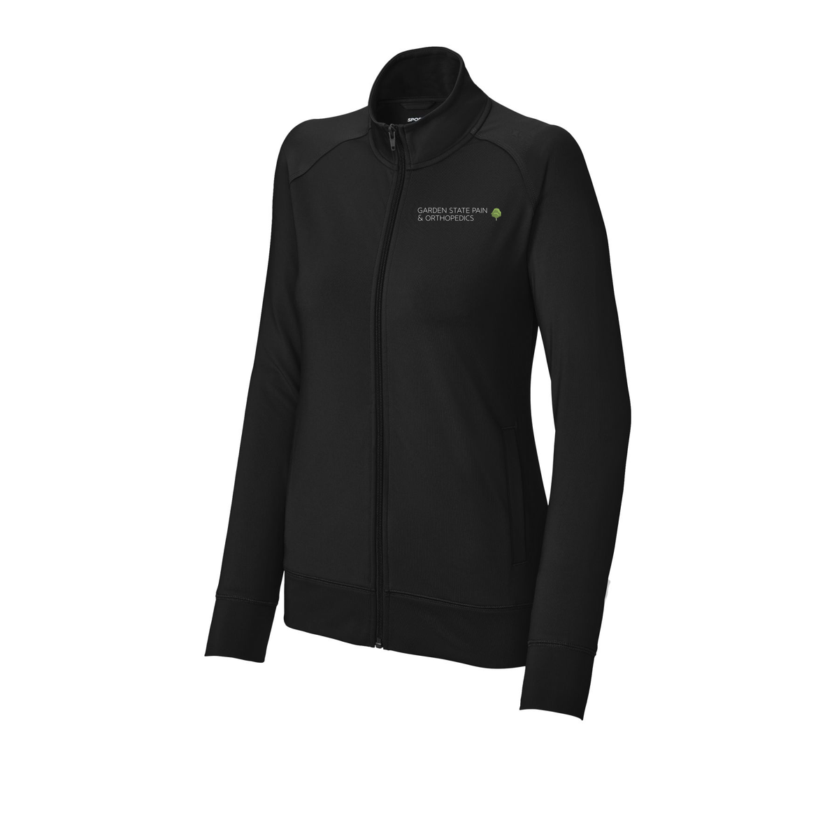 gardenstatepain-sport-tek-womens-cadet-jacket-embroidery-leftchest-LST857-black-flat-front