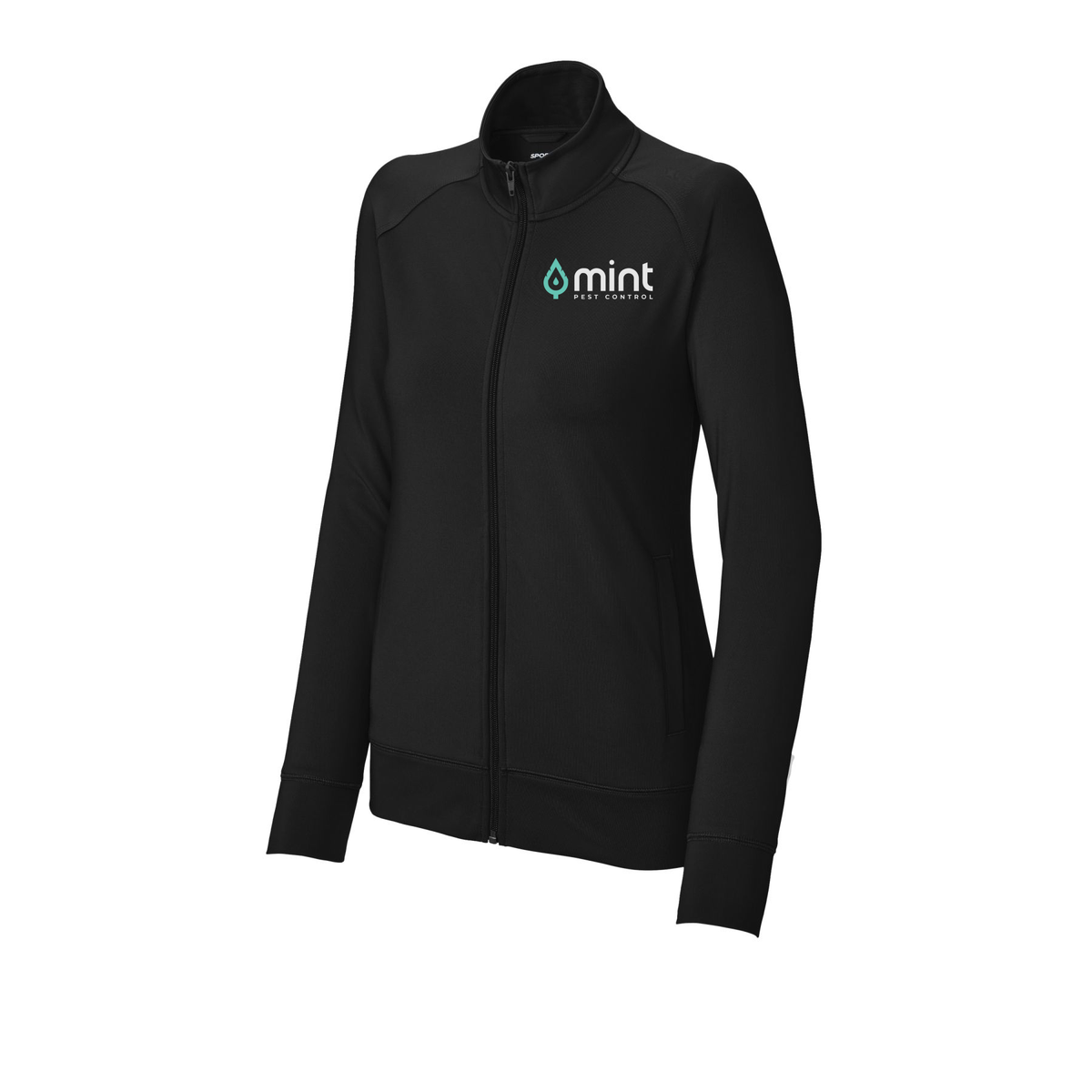 mintpest-sport-tek-womens-cadet-jacket-embroidery-leftchest-LST857-black-flat-front